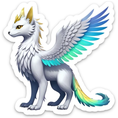 White Iridescent Colorful Exotic White, Gold, Yellow, Silver, Beaked Feathery Nocturnal Neon-glowing Abyssal Lightly Heaven-Cat-Gryphon-Suicune-Nargacuga-Silvally-Vernid-Sergal-Fakémon-Hybrid-Creature (full body) sticker