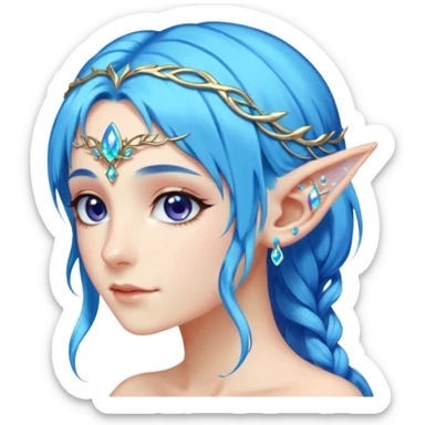 portrait of blue haired Elvish fae shiny sparkly iridescent translucent diaphanous ear climber ear cuff sticker