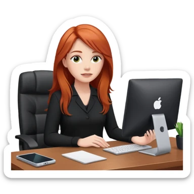 Video call therapy session: red-haired therapist with long hair wearing black minimalist clothing, seated in a professional home office, looking at the webcam; calm, modern teletherapy setting sticker