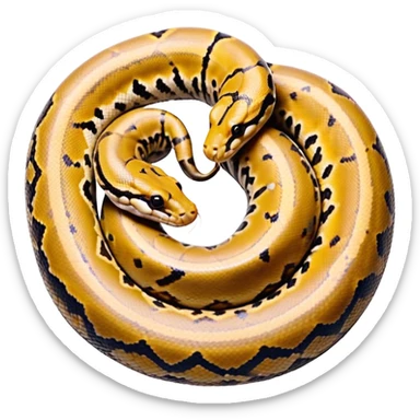 A photo-realistic top-down view of a Ball Python gently coiled into a tight spiral, with its head resting peacefully at the center. Its scales are warm brown with bold, irregular black markings, including the distinctive “alien-head” pattern, flowing smoothly along its body.  sticker