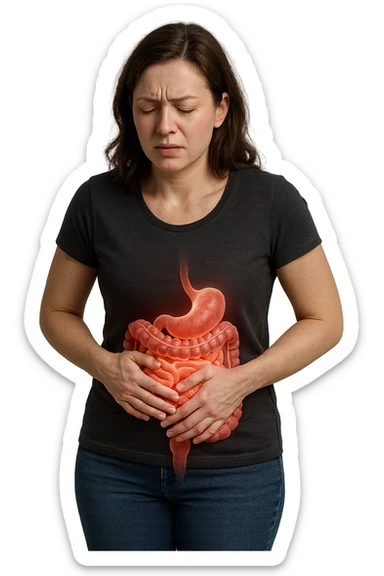 donna in piedi che si tiene la pancia con intestino umano anatomico e mal di pancia, iperrealistica 4k sticker