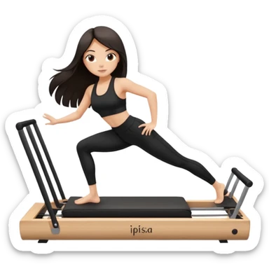 a girl doing reformer pilates, she is wearing a black fit and she has dark straight and loose hair sticker