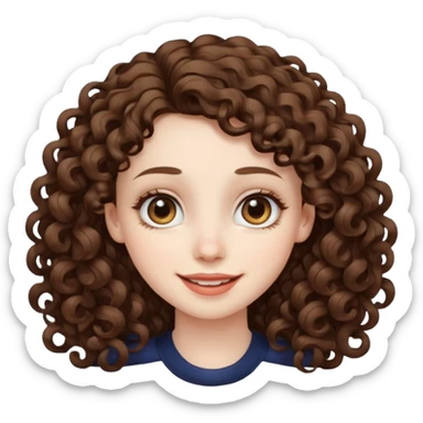 Light brown eyed female with pale skin. She has big eyes, curly and long dark brown hair and thin lips smiling. sticker