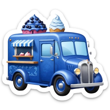 shiny-dark-blue crystal-bodied frozen blueberry muffin, pie, and ice cream, antique hot rod long-wheelbase durable-looking food truck  sticker