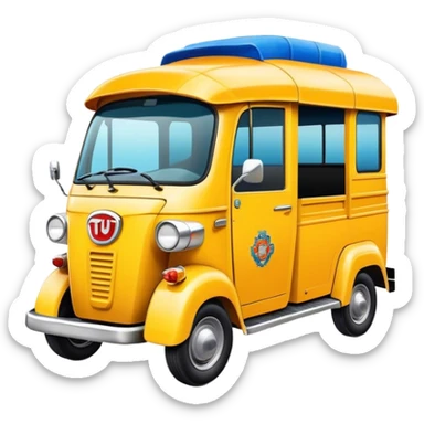 Cinematic Realistic Tuk Tuk Pop Culture Emoji, featuring a vibrant portrayal of the iconic Thai tuk tuk rendered with dynamic textures and lively, urban lighting. sticker