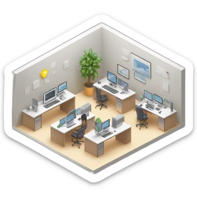 isometric square solid outline border containing indoor creative start-up office people active working computer simple clean developer-space #edc31b  sticker