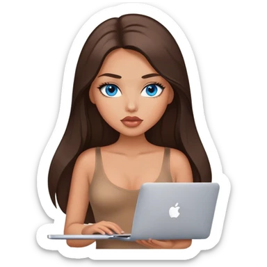 Glamours tanned very beautiful girl with big pump peach lips and dark chocolate straight smooth silky long hair, blue eyes in brown/beige bodysuit with MacBook sticker