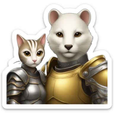 a badger with a lether armour beside a white female cat with a golden armour sticker