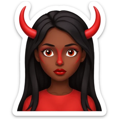 A skin red girl's face with cheekbones, long black hair, small red horns, big lips sticker