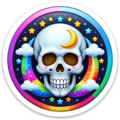 Beveled button with Neon rainbow colored damask style skull moon with stars and clouds in the center sticker