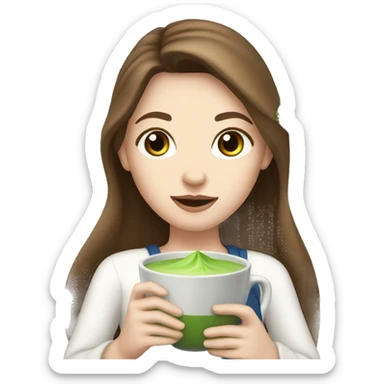 white girl with long brown hair and blue eyes holding a matcha  sticker