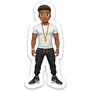 Handsome Black guy with brown skin tone, with muscular build, wearing black sweatpants, a white t-shirt, black Nike air max, a gold rope chain, and a gold watch  sticker