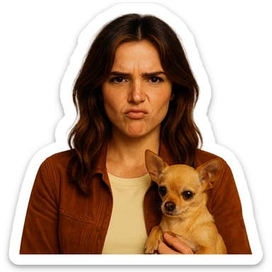 Create a centered portrait for an Instagram profile inspired by the facial features visible in the reference images of Zoe Deutch. The subject has a tanned complexion with subtle freckles, wearing a shirt in color #FFF8CA and a rust-colored jacket. Hair is medium-length brown with auburn highlights. The expression is rebellious and playful. The subject is holding an expressive and cute beige-brown chihuahua. The style is inspired by a Netflix series with an intimate and expressive atmosphere reminiscent of Tenerife. The background should be transparent. sticker