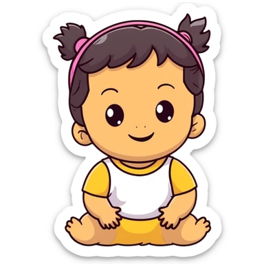 smiling toddler face with big eyes, medium skin tone, dark wavy hair, and a hair band sticker