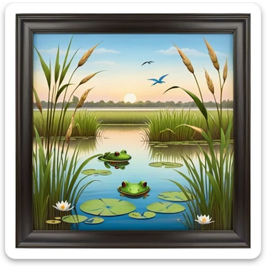 Cinematic Realistic Wetlands Emoji in a wooden frame, Peaceful and serene, with tall grasses swaying in the breeze and soft, muddy waters reflecting the sky above. Small birds and insects flit among the reeds while lily pads float lazily across the surface, punctuated by the occasional croak of a frog or splash of a fish. Soft glowing outline, capturing the essence of a calm, tranquil wetland brimming with life and natural beauty. sticker