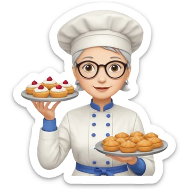 Older female pastry chef – round glasses, oven mitts on, holding a tray of pastries.

 sticker