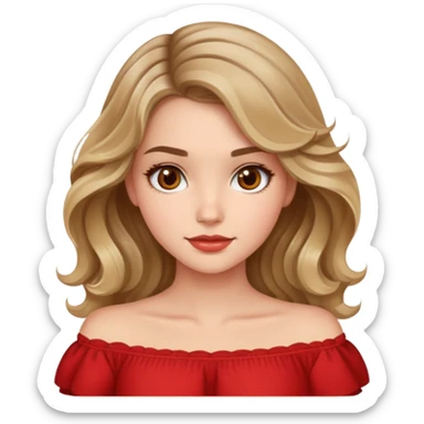 a beautiful girl with wavy and dark blond hair and her eyes are brown. The girl from once has a beautiful red blouse in which from the shoulders starts  sticker