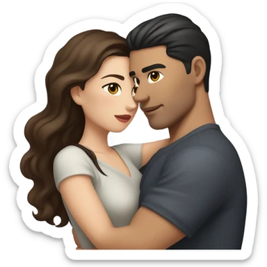 A pale half Asian man with short dark hair and amber eyes embracing and loving a white woman with long wavy brunette hair and dark hazel eyes. They love each other a lot And have good fashion taste and are hugging each other tight  sticker