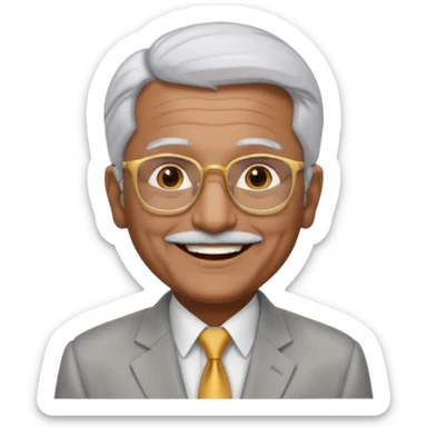 70 yr old indian man, short straight white hair brushed back, light grey business suit, big smile, dark brown skin, no moustache, dark brown eyes, glasses
 sticker