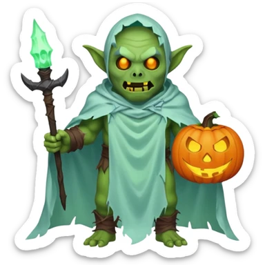 male orc ghost emoji, green skin, tusks, wearing torn white ghost sheet costume, holding glowing jack-o'-lantern, faint blue aura, friendly but spooky expression, Halloween fantasy theme, Apple emoji style, clean white background, square sticker