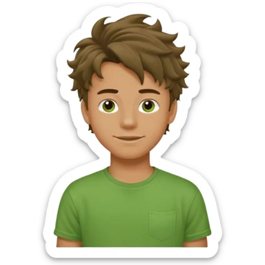 A teenage boy, tanned, wearing a green t-shirt , blue jeans and green sneakers with brown wavy tousled hair, smirking sticker