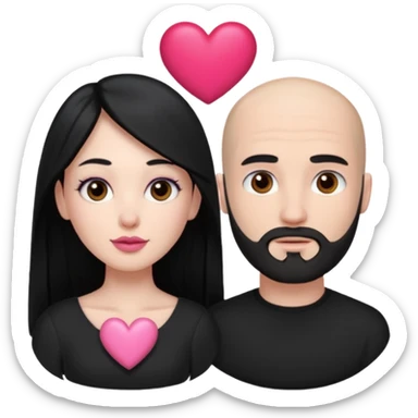 👩🏻‍❤️‍💋‍👨🏻 this one but the man should be bald. white woman with long black hair and white bald young man whoitiut hair and a heart between their heads. she has pink lips and both have brown eyes. he has e full beard but short. both wear black  sticker