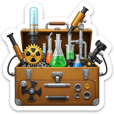 toolbox science, chemicals, mechanical gears, steampunk, electronics, resistors, ic, physics, microscope, nuclear model, radioactivity sticker
