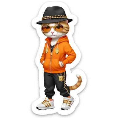 female cat wearing Run DMC hip-hop outfit with tracksuit, fedora, Adidas sneakers, dark sunglasses, many gold chains, upright pose sticker
