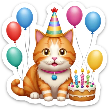 Ginger cat celebrates birthday, birthday hat, birthday cake, balloons, happy, gifts sticker