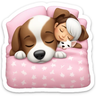 Brown haired girl in pink pjs sleeping with white little dog sticker