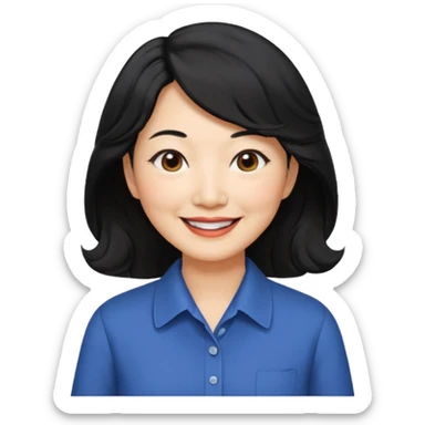 60 yr old asian woman, wavy thick black hair past shoulder length, side part, side swept bang, big smile, collared shirt sticker
