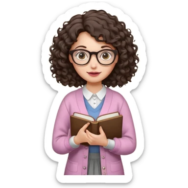 A crazy female scientist, with curly-wavy dark brown hair, brown eyes and light grey glasses and pale skin and pinkish lips, dressed to look like an english teacher sticker