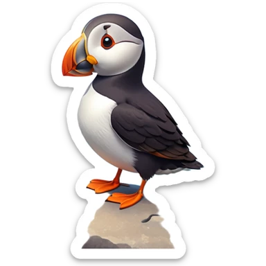 A 3D cartoon puffin bird standing on a rock near the sea, soft daylight, bright colors, realistic Memoji-style. sticker