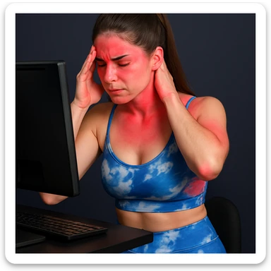 A slender woman in 4K, in front of a computer, massaging forehead and base of the neck, both areas reddened, rigid posture and tense face, inspired by the reference photo. sticker