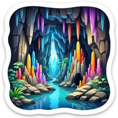 Reed Flute Cave Guilin with colorful lighting, simplified emoji style with bold outlines and bright colors, cartoon style cave with stalagmites sticker