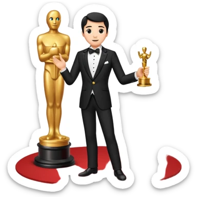 an actor standing on a red carpet with a formal tuxedo, with an oscar in his hand sticker