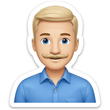 Business owner, well dressed, blue shirt, mustache, happy sticker