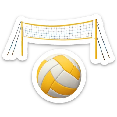 The scene captures the relaxed yet competitive vibe of beach volleyball, with warm sunlight and the natural beauty of the beach. A volleyball resting on the yellow sand on a beach, with the net in the background and a scenic view of the ocean and sky.  sticker