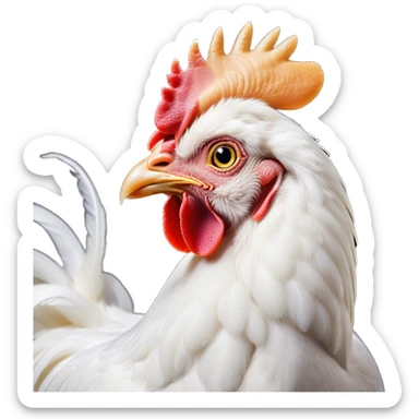 Cinematic Noble White Chicken Portrait Emoji, Poised and regal, with a compact, sturdy build and a pristine, well-groomed pure white plumage, deep-set soulful beady eyes, Simplified yet sharp and sophisticated features, highly detailed, glowing with a soft, dignified glow, high shine, intelligent and alert, stylized with an air of barnyard elegance, focused and attentive, soft glowing outline, capturing the essence of a watchful and confident fowl, so majestic it feels as though it could strut out of the screen with effortless authority! sticker