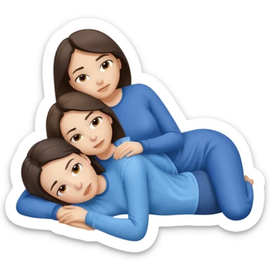 two white brunette women lying down full body on top of each other wrapped around each other one wearing a blue shirt they should be melting into each other. ONLY two women not three sticker