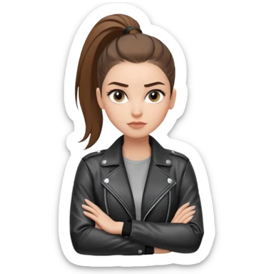 สีตาสีเทาอ่อน มีประกายคม
คิ้วได้รูป มองแล้วดูสตรอง
ผมหางม้าสูง
ลุคสตรีทแฟชั่น
ท่าโพสกอดอก
ฟีล: Girl Boss, cool beauty, minimal but powerful sticker