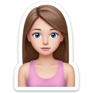 Create a TEENAGE girl with LONG and straight light brunette hair with a MIDDLE PART, light skin, light freckles, and blue-gray eyes. She will have pink lips and LONG eyelashes. She will be wearing a light pink tank top sticker