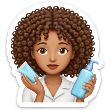 Menina na cor parda, com os cabelos bem cacheados e fazendo o movimento col produtos na mão limpando e cuidando do rosto sticker