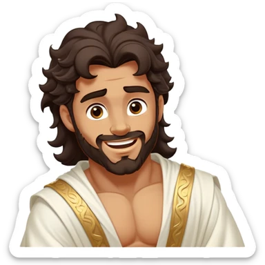 Cinematic Realistic Hercules Portrait, head tilted dramatically with an exaggeratedly amused expression, featuring expressive eyes and a hint of a roguish smile. His bronze, marble-like skin and thick, wavy dark hair, rendered with classical artistry, complement his flowing white robe adorned with delicate golden accents, all brought to life with dynamic natural lighting that captures a rare, playful moment from an enduring legend. sticker