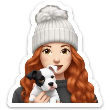 Long Red haired woman in beanie with septum piercing holding black and white English Staffordshire puppy sticker