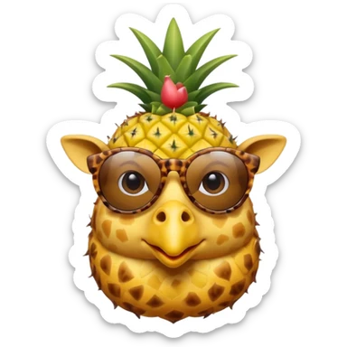 Hybrid of giraffe and chicken wearing pineapple sunglasses with a top hat sticker