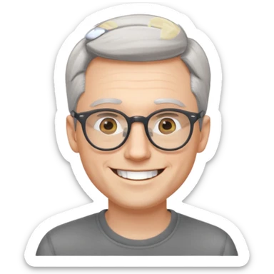 30 yr old pale white man, grey side swept hair, round glasses, big smile, white teeth, handsome, longer hair, thin glasses, no wrinkles sticker