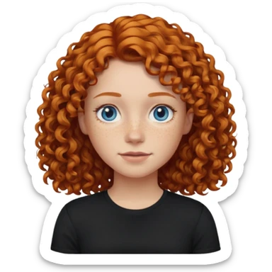 Make an image of an I phone emoji girl with a black t shirt shoulder length ginger hair that’s curly blue eyes and freckles sticker
