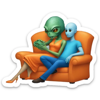 A reptilian alien woman in orange dress kissing human man in blue dress, on sofa sticker