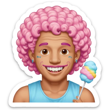 very cheerful colorful puffy curly haired man made out of cotton candy with teeth-braces and tattoos and face tattoos just face  sticker